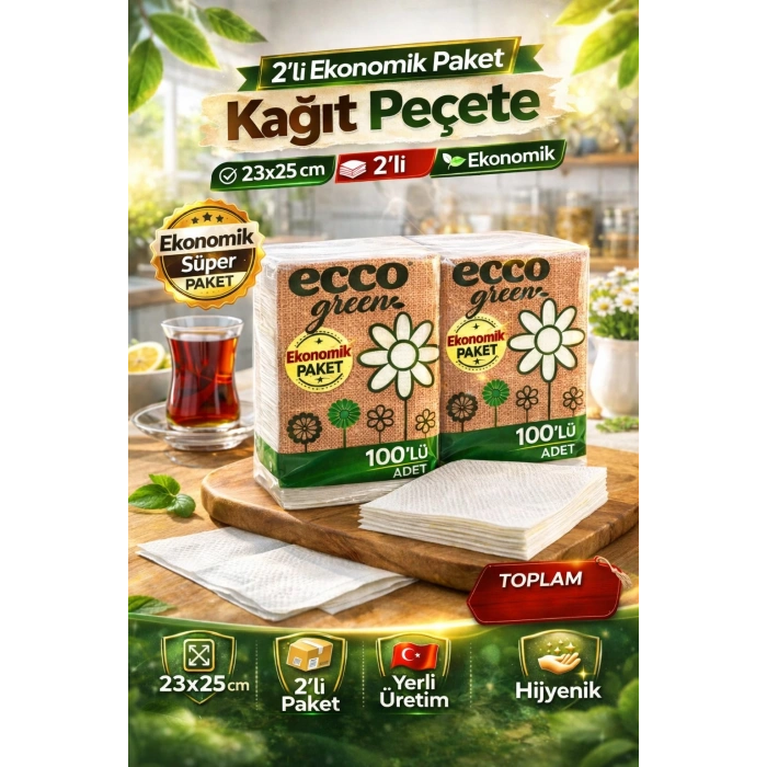 Ecco Green Kağıt Peçete 100’lü 2 Adet 23x25 cm Ekonomik Paket