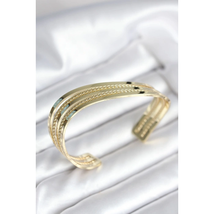 Eğik Şerit Model Gold Renk Pirinç Kadın Bileklik