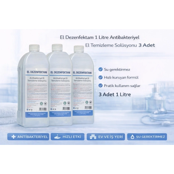 El Dezenfektanı 1 Litre Antibakteriyel El Temizleme Solüsyonu 3 Adet