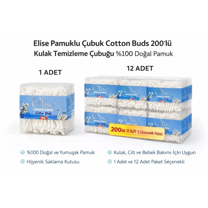 Elise Pamuklu Çubuk Cotton Buds 200’lü Kulak Temizleme Çubuğu Doğal Pamuk 1 Paket