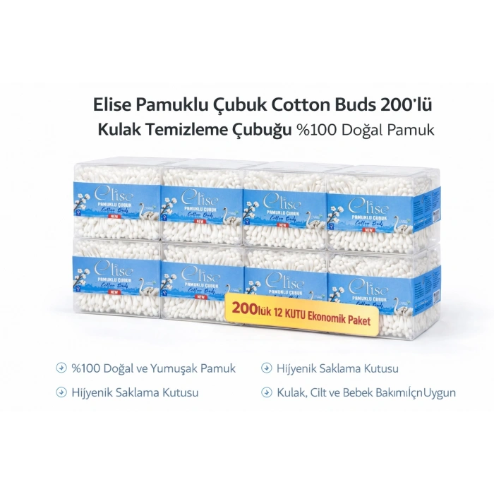 Elise Pamuklu Çubuk Cotton Buds 200’lü Kulak Temizleme Çubuğu Doğal Pamuk 12 Paket