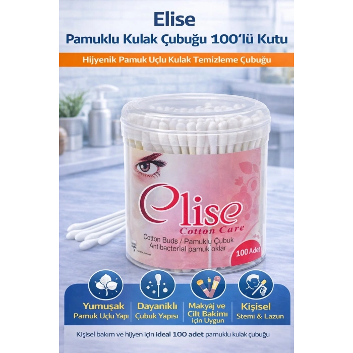 Elise Pamuklu Kulak Çubuğu 100lü 1 Kutu Hijyenik Pamuk Uçlu Kulak Temizleme Çubuğu