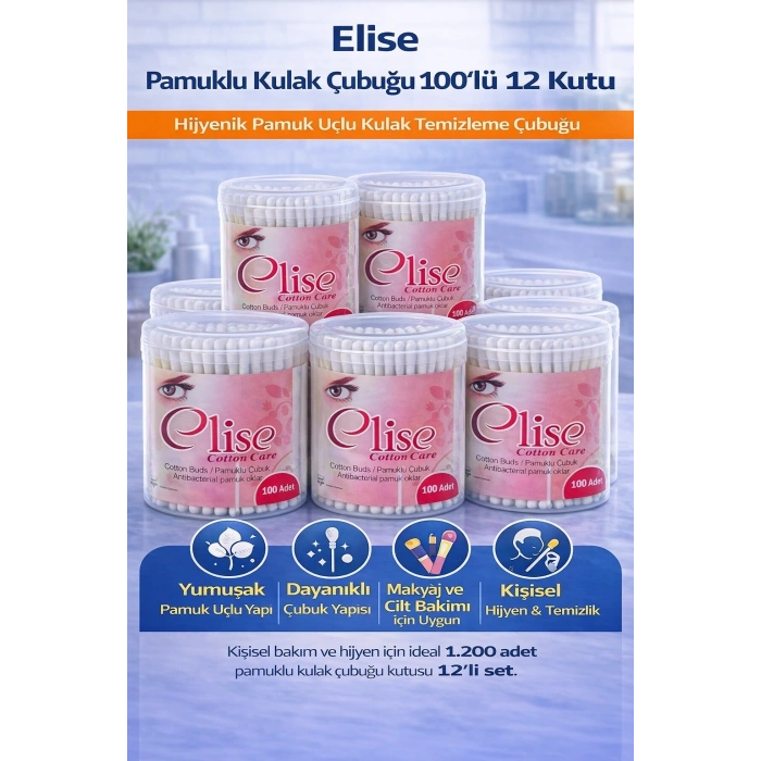 Elise Pamuklu Kulak Çubuğu 100lü 12 Kutu Toplam 1200 Adet Pamuk Uçlu Kulak Temizleme Çubuğu Seti