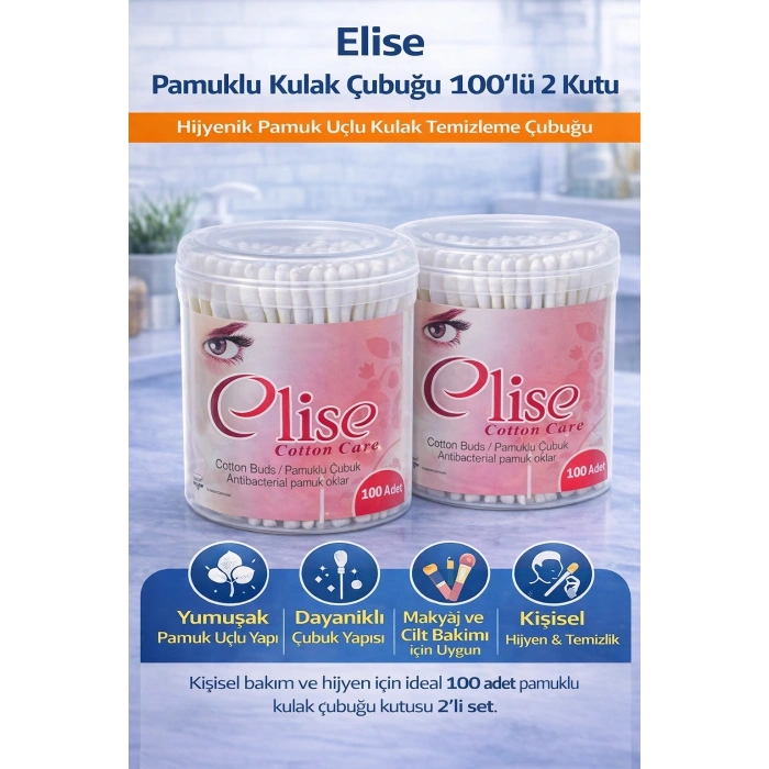 Elise Pamuklu Kulak Çubuğu 100lü 2 Kutu Toplam 200 Adet Pamuk Uçlu Kulak Temizleme Çubuğu