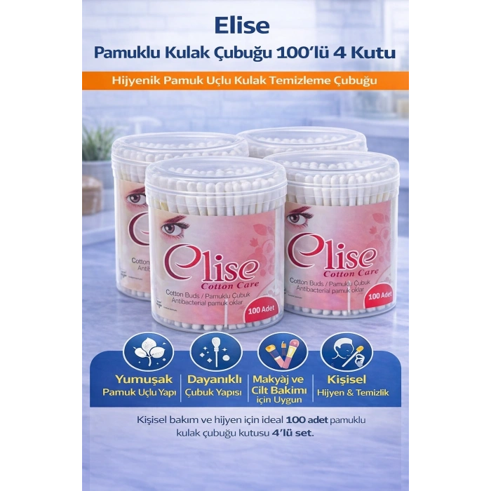 Elise Pamuklu Kulak Çubuğu 100lü 4 Kutu Toplam 400 Adet Pamuk Uçlu Kulak Temizleme Çubuğu