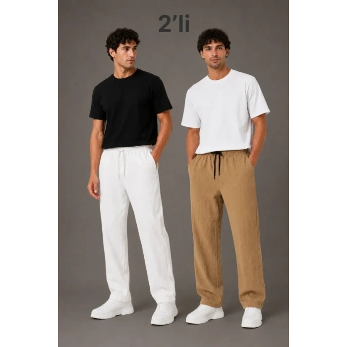 Erkek 2li Bürümcük Kumaş Beli Lastikli Bağcıklı Bol Paça Pantolon - Beyaz/Vizon