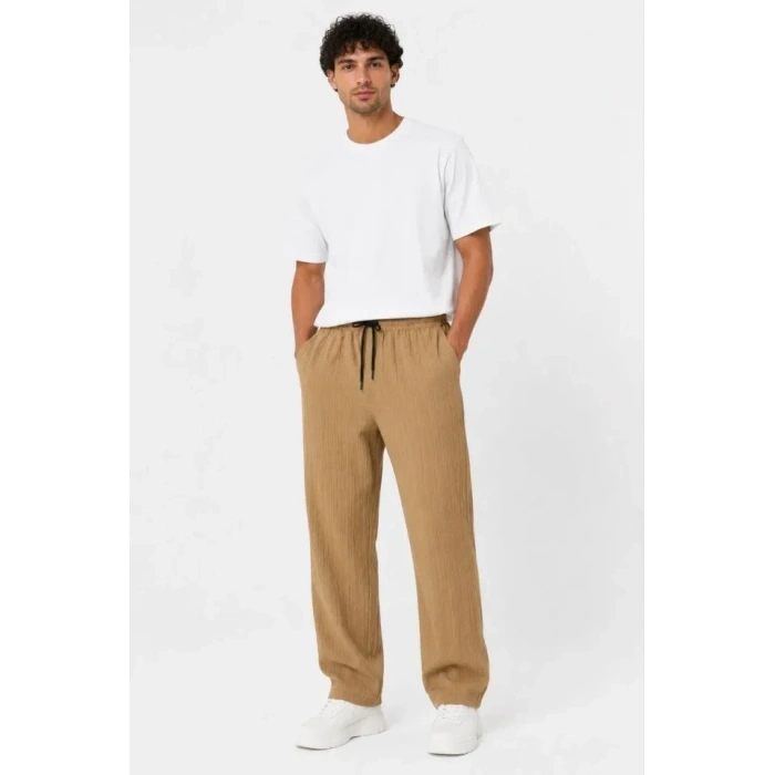 Erkek 2li Bürümcük Kumaş Beli Lastikli Bağcıklı Bol Paça Pantolon - Beyaz/Vizon