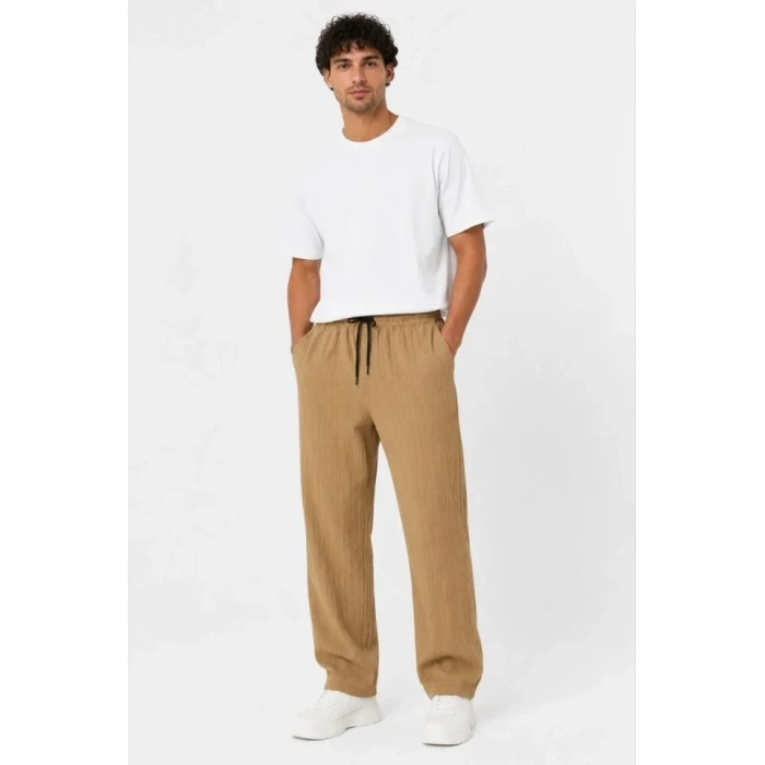 Erkek 2li Bürümcük Kumaş Beli Lastikli Bağcıklı Bol Paça Pantolon - Beyaz/Vizon
