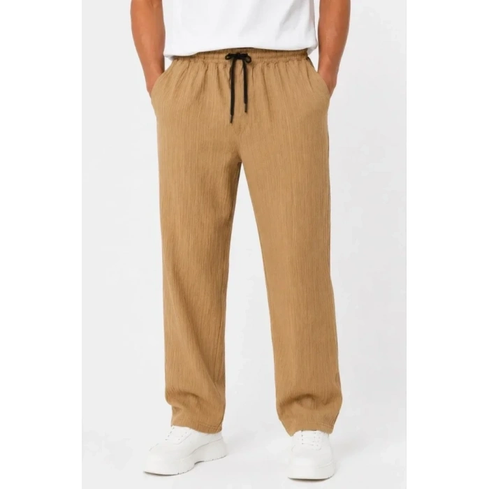 Erkek 2li Bürümcük Kumaş Beli Lastikli Bağcıklı Bol Paça Pantolon - Beyaz/Vizon