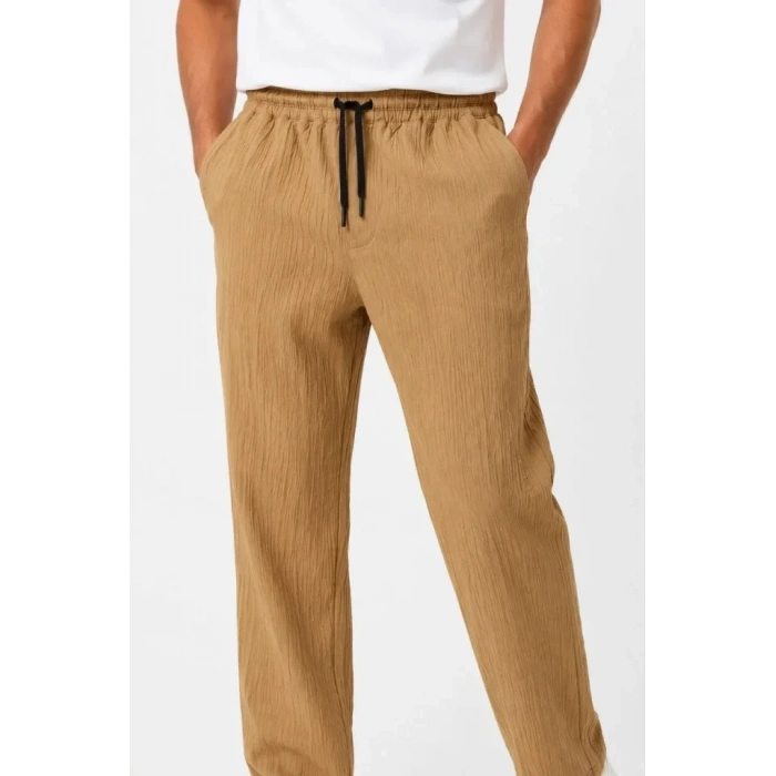 Erkek 2li Bürümcük Kumaş Beli Lastikli Bağcıklı Bol Paça Pantolon - Beyaz/Vizon