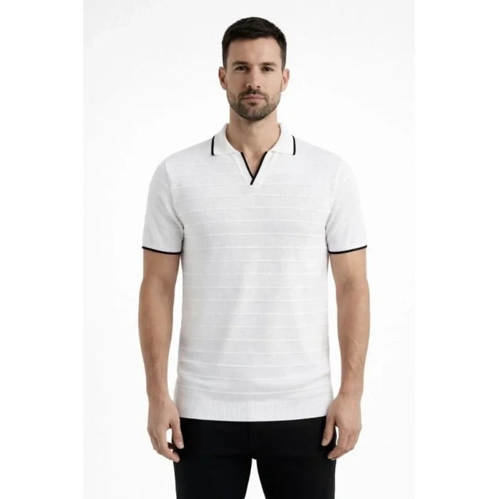 Erkek 2’li Paket Triko Yakalı Düğmesiz Açık Yaka Fitilli Kısa Kollu Regular Fit Tişört - Beyaz - Mint Yeşili