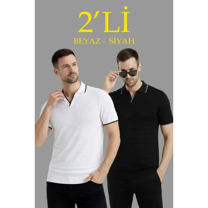Erkek 2’li Paket Triko Yakalı Düğmesiz Açık Yaka Fitilli Kısa Kollu Regular Fit Tişört - Beyaz - Siyah