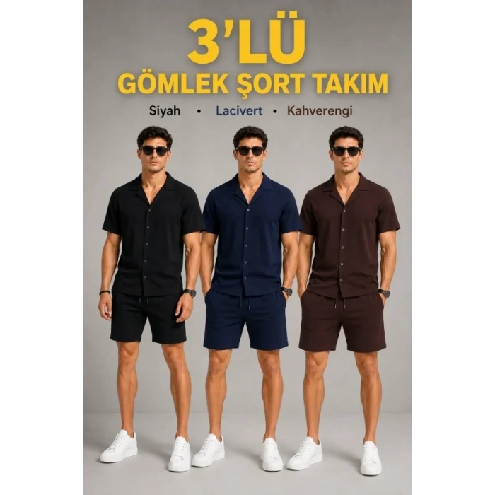 Erkek 3’lü Krep Kumaş Cepli Gömlek Şort Takım Kısa Kollu Bağcıklı - Siyah , Lacivert , Kahverengi