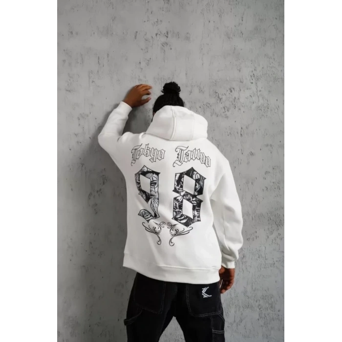 Erkek 98 Baskılı Kapşonlu Sweat - Beyaz