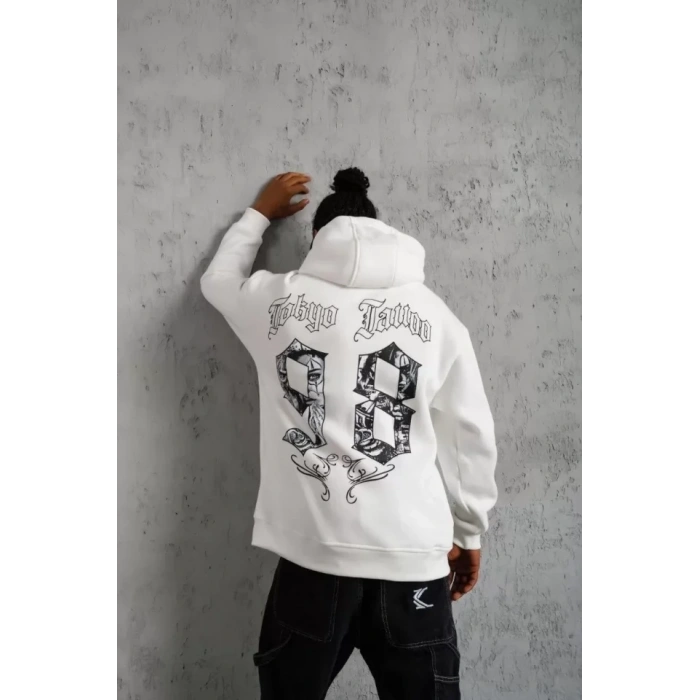 Erkek 98 Baskılı Kapşonlu Sweat - Beyaz