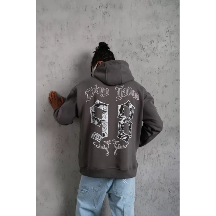 Erkek 98 Baskılı Kapşonlu Sweat - Gri