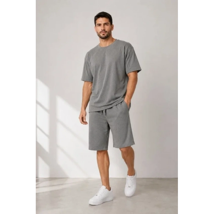 Erkek Alt Üst Takım İki İplik Kumaş Bisiklet Yaka Tişört Cepli Diz Altı Şort - Füme