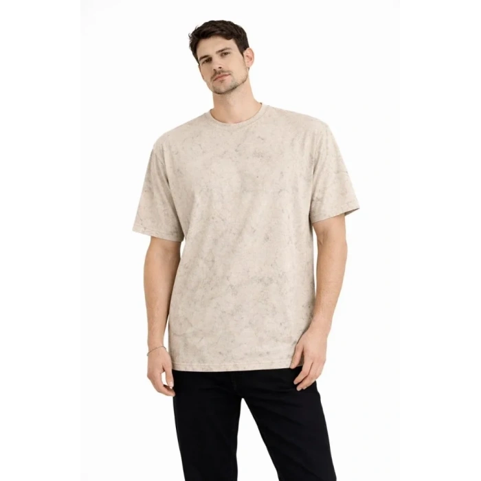 Erkek Asit Yıkama Bisiklet Yaka Kısa Kollu Oversize T-Shirt Tişört - Bej