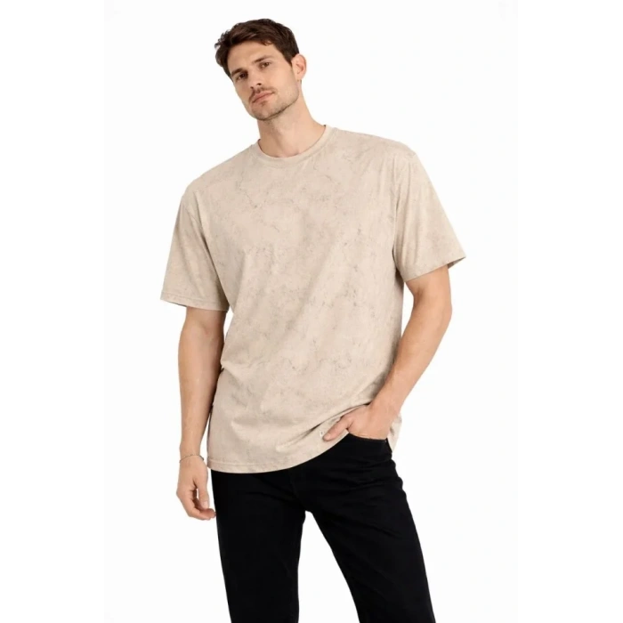 Erkek Asit Yıkama Bisiklet Yaka Kısa Kollu Oversize T-Shirt Tişört - Bej