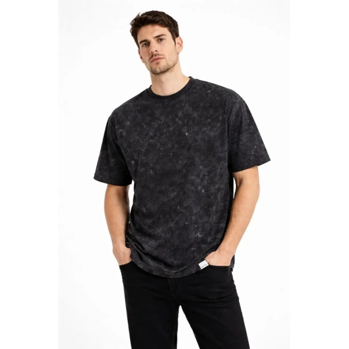 Erkek Asit Yıkama Bisiklet Yaka Kısa Kollu Oversize T-Shirt Tişört - Siyah