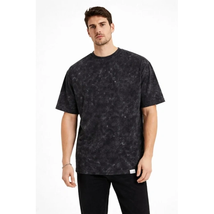 Erkek Asit Yıkama Bisiklet Yaka Kısa Kollu Oversize T-Shirt Tişört - Siyah