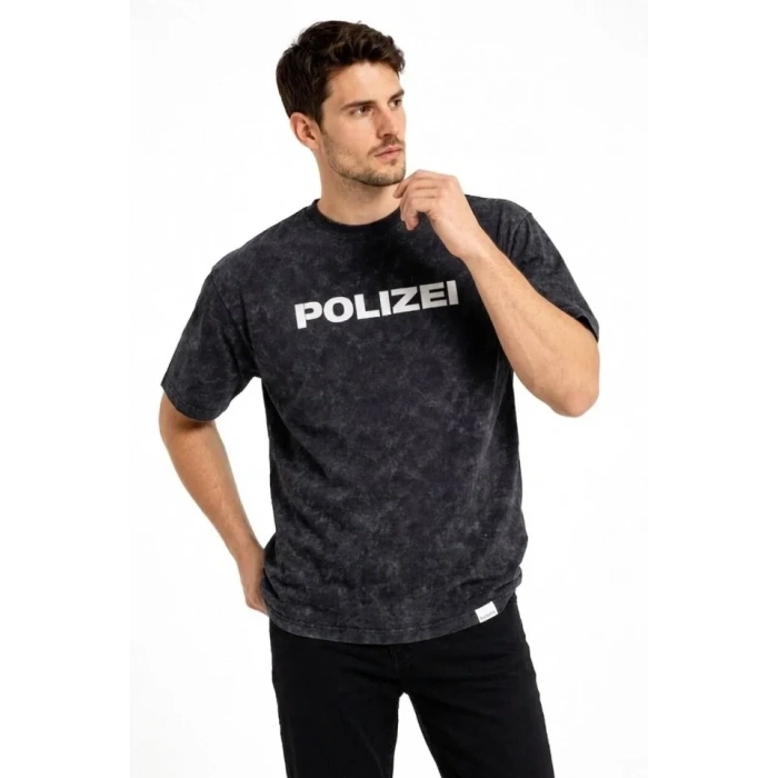 Erkek Asit Yıkamalı Baskılı Tişört Bisiklet Yaka Kısa Kollu Streetwear T-shirt - Siyah