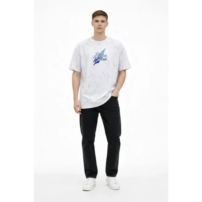 Erkek Asit Yıkamalı Oversize Tişört Future Worlds Baskılı Bisiklet Yaka Kısa Kollu Streetwear %100 Pamuk Street Style T-Shirt - Beyaz