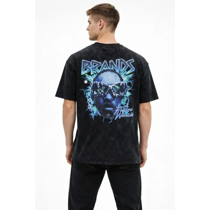 Erkek Asit Yıkamalı Oversize Tişört Future Worlds Baskılı Bisiklet Yaka Kısa Kollu Streetwear %100 Pamuk Street Style T-Shirt - Siyah