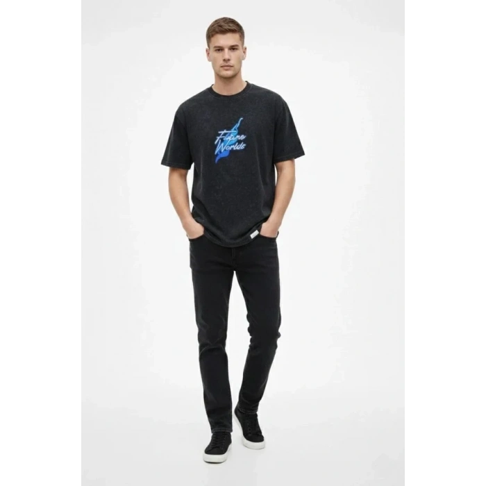 Erkek Asit Yıkamalı Oversize Tişört Future Worlds Baskılı Bisiklet Yaka Kısa Kollu Streetwear %100 Pamuk Street Style T-Shirt - Siyah
