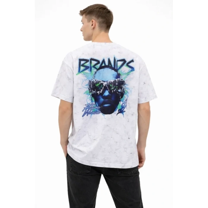 Erkek Asit Yıkamalı Oversize Tişört Future Worlds Baskılı Bisiklet Yaka Kısa Kollu Streetwear %100 Pamuk Street Style T-Shirt - Beyaz