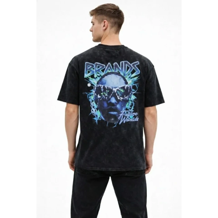 Erkek Asit Yıkamalı Oversize Tişört Future Worlds Baskılı Bisiklet Yaka Kısa Kollu Streetwear %100 Pamuk Street Style T-Shirt - Siyah