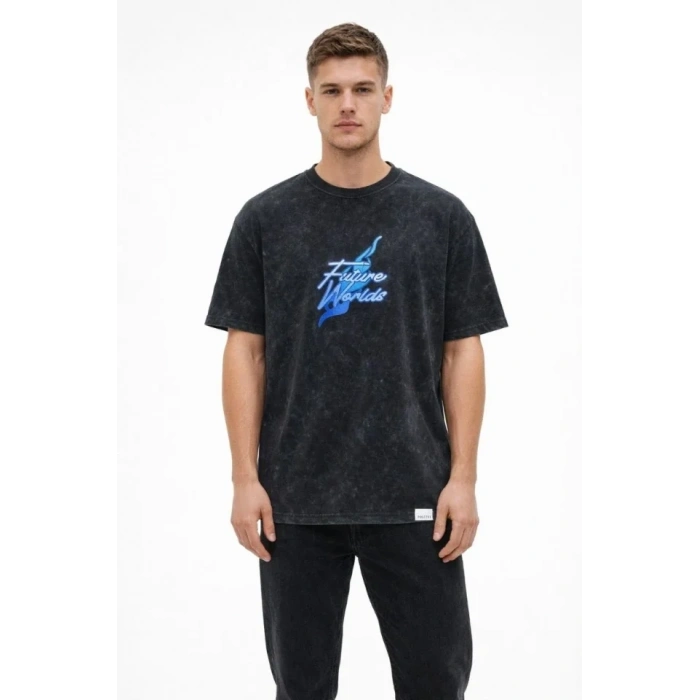 Erkek Asit Yıkamalı Oversize Tişört Future Worlds Baskılı Bisiklet Yaka Kısa Kollu Streetwear %100 Pamuk Street Style T-Shirt - Siyah