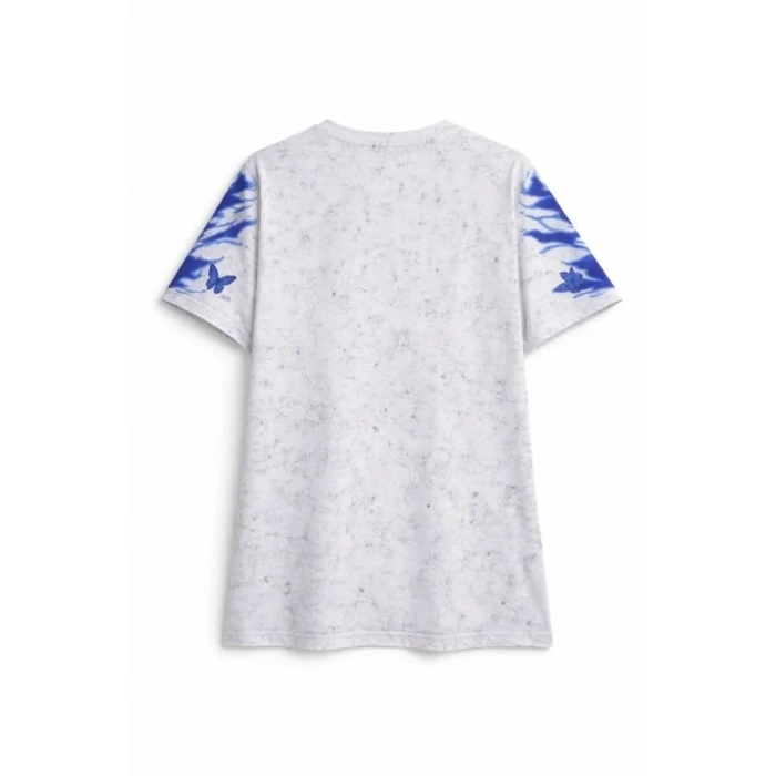 Erkek Asit Yıkamalı Oversize Tişört Mavi Kelebek Baskılı Dijital Print Bisiklet Yaka Streetwear T-Shirt - Beyaz