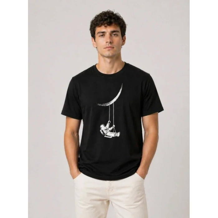 Erkek Astronot Ay Temalı Tişört Kısa Kol Yazlık Bisiklet Yaka T-Shirt - Siyah