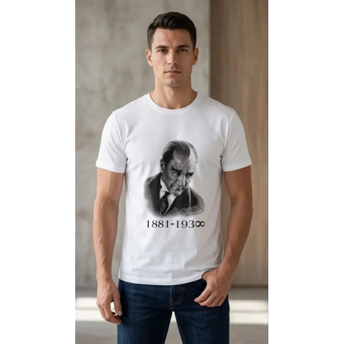 Erkek Atatürk Baskılı Tişört Kısa Kollu Bisiklet Yaka  T-Shirt - Beyaz