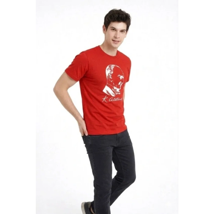 Erkek Atatürk Baskılı Tişört Kısa Kollu Bisiklet Yaka T-Shirt - Kırmızı