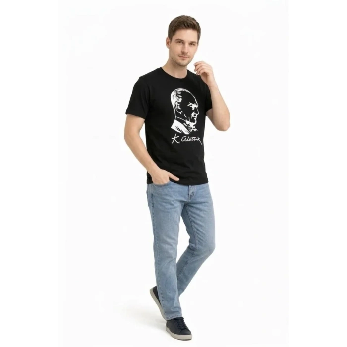 Erkek Atatürk Baskılı Tişört Kısa Kollu Bisiklet Yaka T-Shirt - Siyah