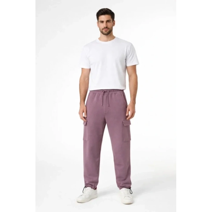 Erkek Baggy Üç İplik Kargo Cepli Eşofman Ayarlanabilir Paça Beli İpli Pantolon - Gül Kurusu