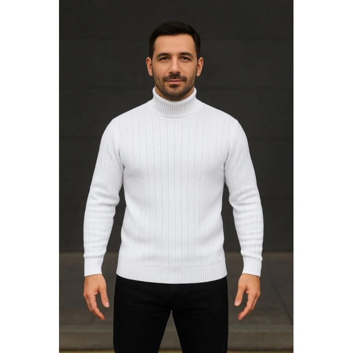 Erkek Balıkcı Yaka Bağazlı Triko Kazak Pamuklu Kalın Fitilli Dokuma, Regular Fit Uzun Kollu Kışlık Model - Beyaz