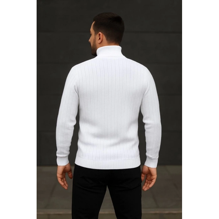 Erkek Balıkcı Yaka Bağazlı Triko Kazak Pamuklu Kalın Fitilli Dokuma, Regular Fit Uzun Kollu Kışlık Model - Beyaz