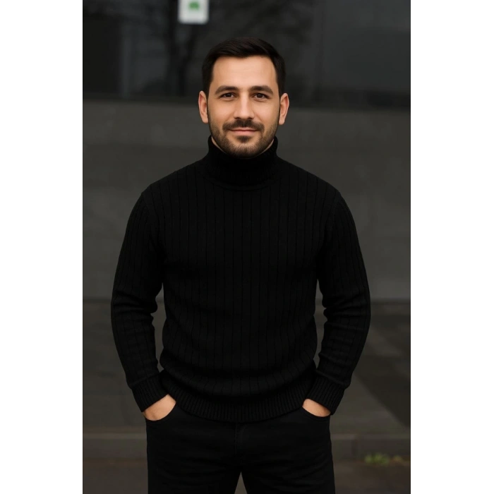 Erkek Balıkcı Yaka Bağazlı Triko Kazak Pamuklu Kalın Fitilli Dokuma, Regular Fit Uzun Kollu Kışlık Model - Siyah