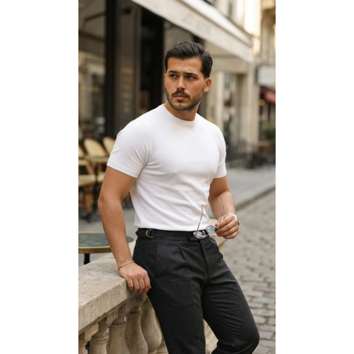 Erkek Basic Bisiklet Yaka Kısa Kollu Triko Tişört - %100 Pamuk Akrilik