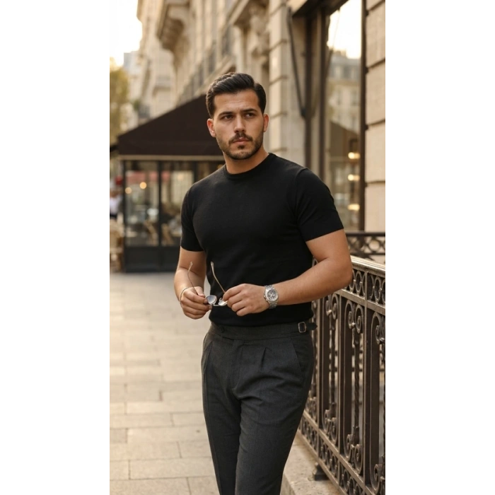 Erkek Basic Bisiklet Yaka Kısa Kollu Triko Tişört - %100 Pamuk Akrilik