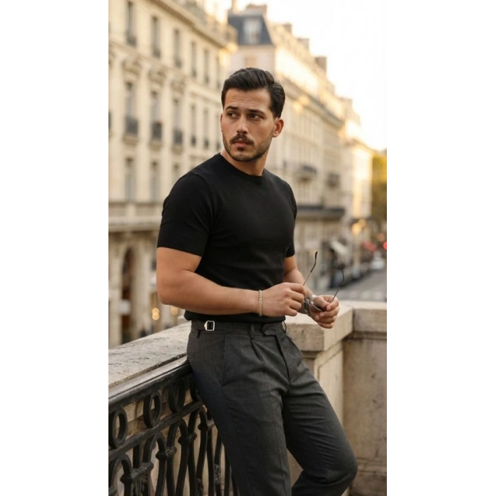 Erkek Basic Bisiklet Yaka Kısa Kollu Triko Tişört - %100 Pamuk Akrilik