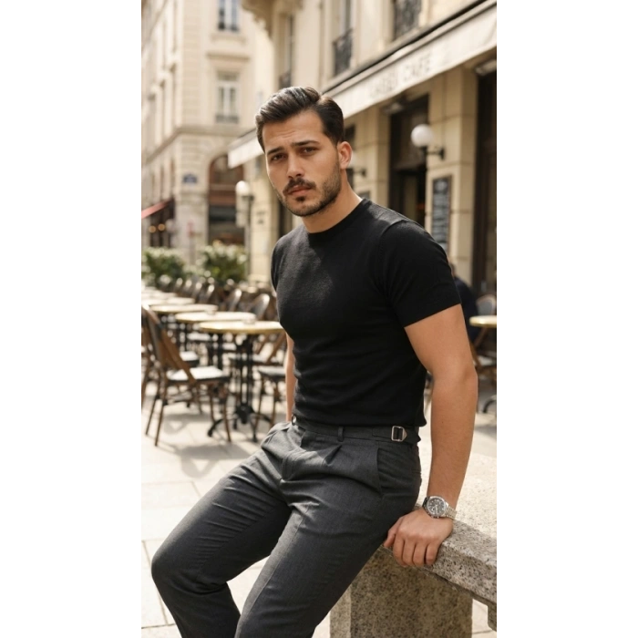 Erkek Basic Bisiklet Yaka Kısa Kollu Triko Tişört - %100 Pamuk Akrilik