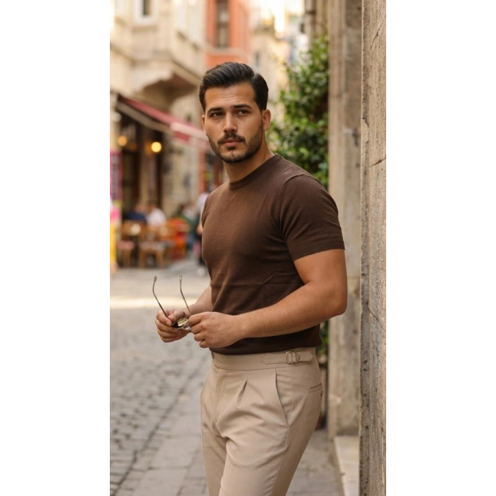 Erkek Basic Bisiklet Yaka Kısa Kollu Triko Tişört - %100 Pamuk Akrilik