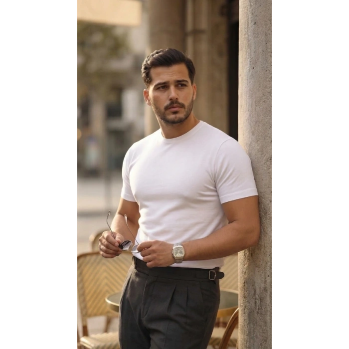 Erkek Basic Bisiklet Yaka Kısa Kollu Triko Tişört - %100 Pamuk Akrilik