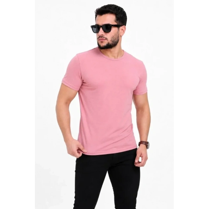Erkek Basic Tişört Bisiklet Yaka Kısa Kol Günlük Yazlık Slim Fit T-Shirt - Pembe