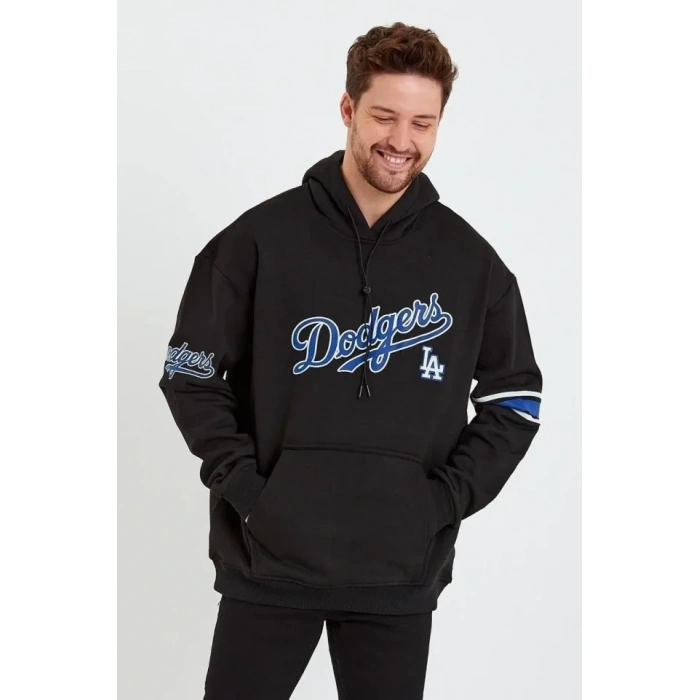 Erkek Baskılı Kapşonlu Üç Iplik Oversize Sweatshirt - Siyah
