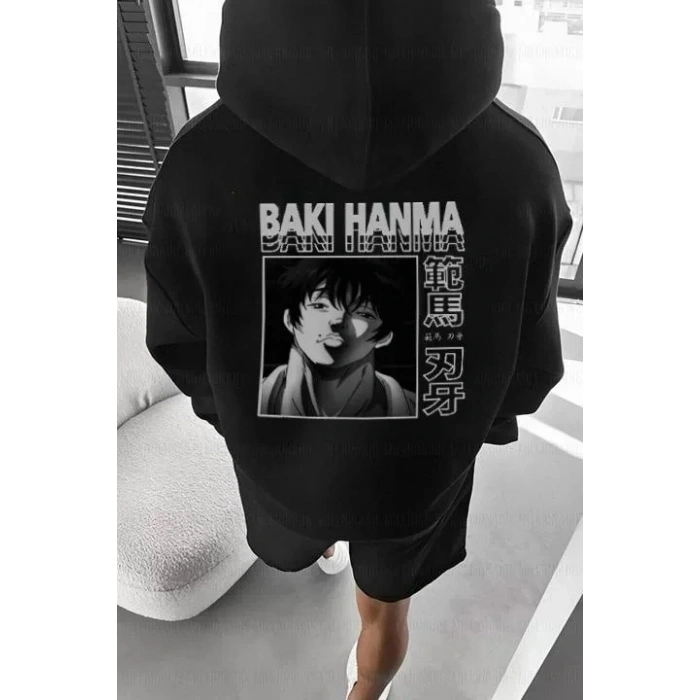 Erkek Baskılı Kapüşonlu Ve Kordon İpli Sweat - Siyah